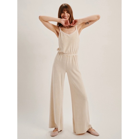 Suzie Kondi Pants - Suzie Kondi Jumpsuit Medium Women Oatmeal Good Velour Wide Leg Spaghetti Strap